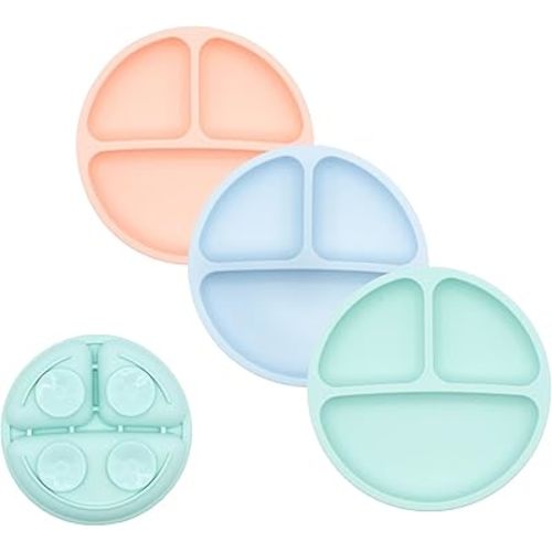 WeeSprout Suction Plates for Babies & Toddlers - 100% Silicone, Dinnerware Stays Put, Divided Design for Picky Eaters, Microwave & Dishwasher Friendly, 3 Pack