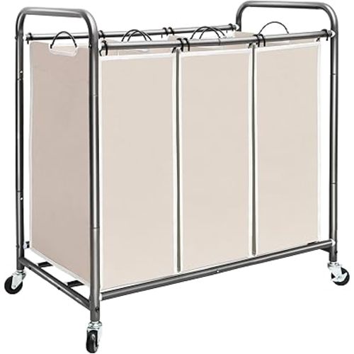 STORAGE MANIAC 3 Section Laundry Sorter, 3 Bag Hamper Cart With Heavy Duty Rolling Lockable Wheels and Removable Bags, Clothes Separator Organizer Basket, Beige