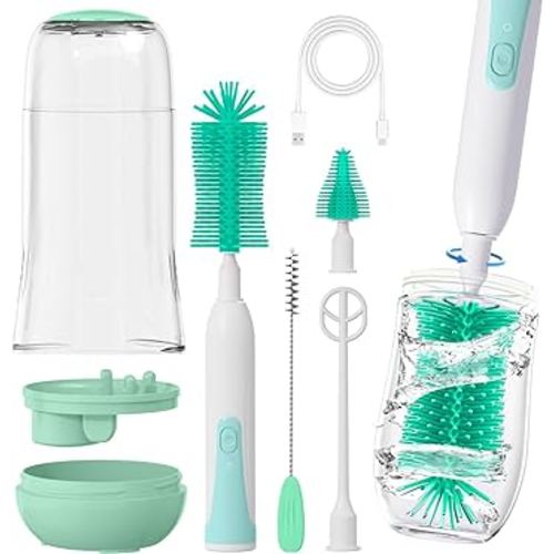 Electric Bottle Brush Cleaner, Portable Baby Bottle Washer, Travel Bottle Cleaner Brush Set with Silicone Water Bottle Brush, Nipple Brush, Straw Brush