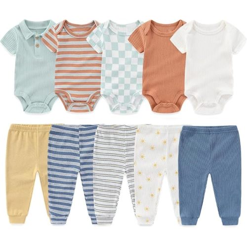 Kiddiezoom Newborn Baby Layette Set 10-Piece with Bodysuits and Pants Set for Unisex Baby Gift Sets