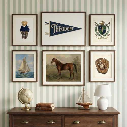 Ralph Bear Nursery Wall Art Set of 6, Custom Preppy Gallery Wall, Personalized Pennant Name Print, Classic Boys Room Decor