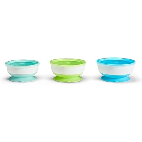 Munchkin Stay Put Suction Baby Bowls with Lids - Dishes for Babies and Toddlers, Self-Feeding Bowl Set for Kids 6+ Months, 3 Pack, Blue/Green