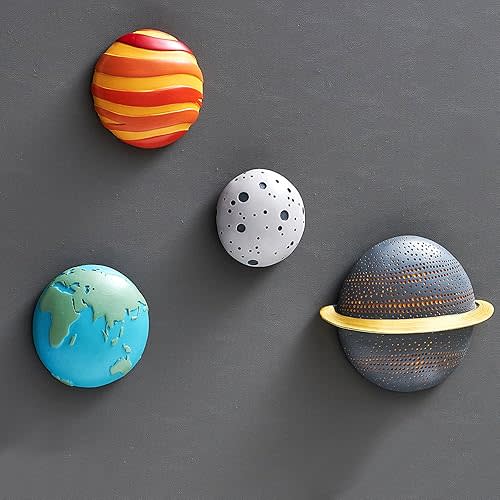 FJSPERM 4Pcs Outer Space Planets Wall Decor Boys Room Decor, Modern Wall Sculptures Earth Planet Space Decorations, 3D Bedroom Wall Decor for Kids Room Nursery Decor
