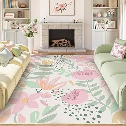Pink Area Rug 8x10 Washable Boho Large Living Room Carpet Non Slip Kitchen Soft Cute Bedroom Botanical Indoor Accent Rug for Office Dining Room Nursery Bathroom Farmhouse