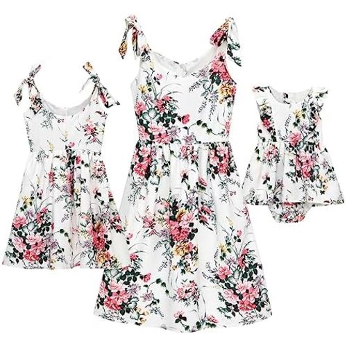 PopReal Mommy and Me Floral Printed Dresses Shoulder Straps Bowknot Chiffon Sleeveless Beach Mini Sundress