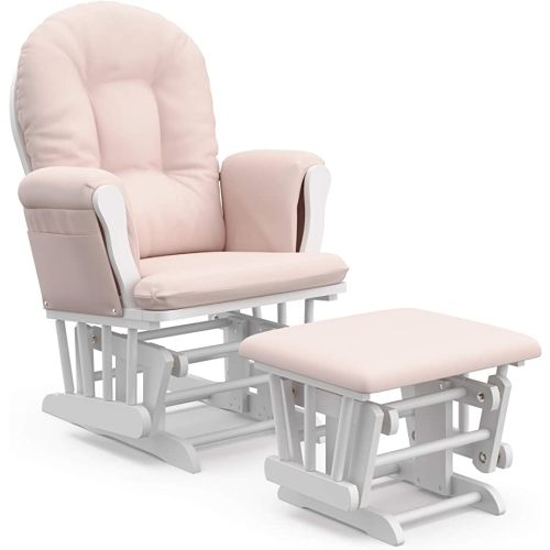 Storkcraft Premium Hoop Glider and Ottoman (White Base, Pink Cushion) – Padded Cushions with Storage Pocket, Smooth Rocking Motion, Easy to Assemble, Solid Hardwood Base