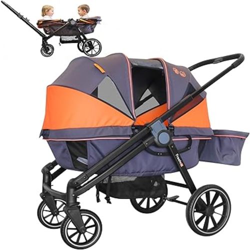 Wagon Stroller for 2 Kids, Double Seat, All-Terrain with Removable UV-Protection Canopy, Adjustable Push/Pull Handle, Cup Holders & Snack Tray for Baby and Toddler