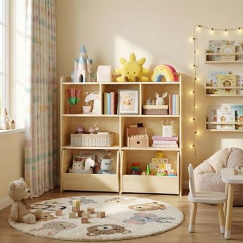 Toy Storage Organizer with Rolling Drawers, Kids Bookshelf with Hidden Wheels and 5 Open Cubbies for Playroom