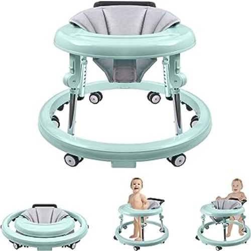 Baby Walker with Wheels, Activity Center with Mute Wheels Anti-Rollover, 5-Position Height Adjustable Foldable Baby Walker for Boys and Girls from 6-18 Months with Footrest