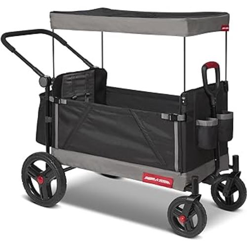 Radio Flyer Collapsible Folding Push and Pull Stroller Kids Wagon with Protective Canopy Cover and Travel Case for Ages 1 and Up, Black