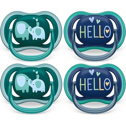 Philips Avent Ultra Air Pacifier 18m+, Opal Elephant/Blue Hello, 4 pack SCF349/20