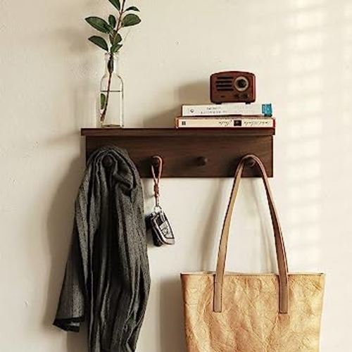 Entrance Coat Rack ，Coat Hooks, Wall-Mounted Wooden Hook Rack, Wall-Mounted Shelves are Very Suitable (Walnut Color Finish—A-1)