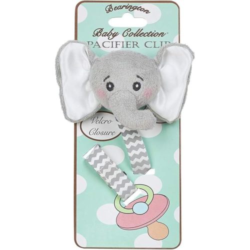 Bearington Collection Baby Pacifier Holder Clip for Baby Girls & Boys | Lil’ Spout Plush Gray Elephant Binkie & Paci Clip | Non Silicone | Satin Leash, Strap, & Binky Clip