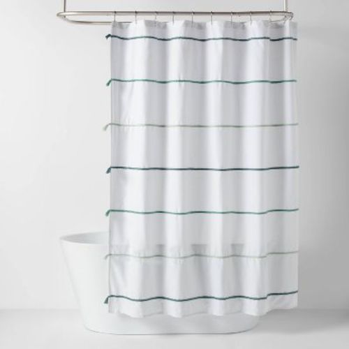 Striped with Tassels Kids' Shower Curtain Blue - Pillowfort™: Twill, Machine Wash, Buttonhole Top, OEKO-TEX Certified