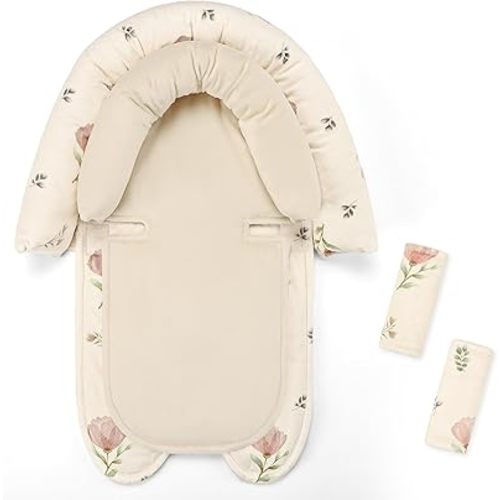 SWESEN Infant Car Seat Insert & Strap Covers, Car Seat Head Support for Baby Girls Boys, 2 in 1 Soft Plush Car Seat Insert for Newborns, for Infants Aged 0-12 (Simple Floral)