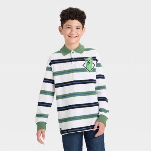 Boys' Minecraft Creeper Long Sleeve Striped Rugby Shirt - Green/White/Navy Blue