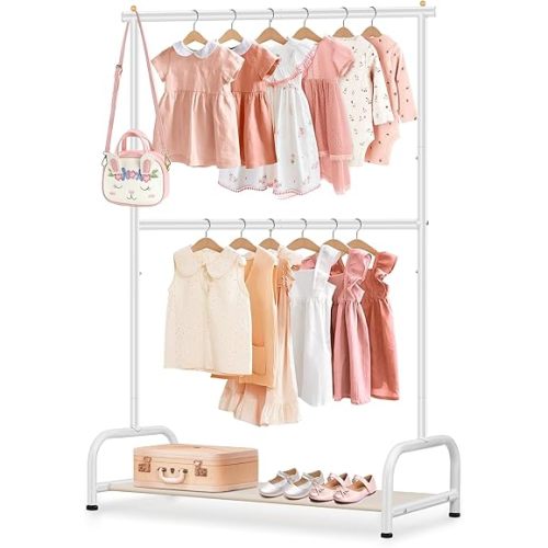 SLEEPING LAMB Double Rod Kids Clothes Rack, Small Toddler Clothing Rack with Bottom Storage Shelf for Baby Playroom Garment Rack, White