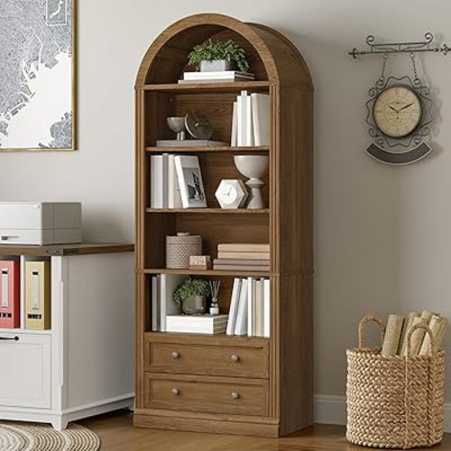Farmhouse Arched Bookshelf, 7 Tiers Arch Bookcase with 2 Spacious Drawers, Modern Book Shelf with Open Display Shelves and Storage Cabinet, for Office, Living Room, Kitchen, Walnut