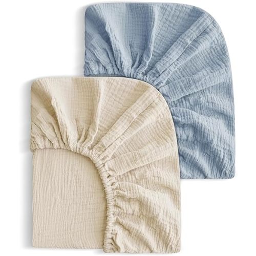 2 Pack Soft Muslin Baby Mini Crib Sheets, 100% Cotton Breathable Double Layer Fitted Sheets for Mini Crib and Pack N Play Mattresses 24x38 Inches, for Baby Girls and Boys (Beige & Grey