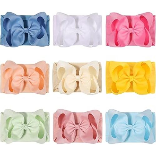 Ayesha Baby Girl Headbands - Soft Nylon Hair Bows and Accessories for Newborns, Toddlers, and Infants (9 Pack, Bright Colors)