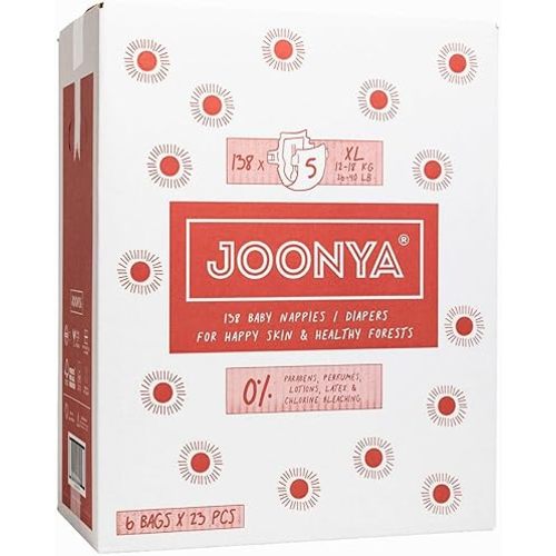 Joonya Baby Diapers, Size 5 XL (26-40 lb) - 6 Bags of 23 (138) - New Range - NonToxic, Eco-Friendly, Ultra Slim, Overnight Use - Made in Denmark
