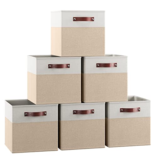 Ornavo Home 13 x 13 Storage Cube Bins, Foldable Collapsible Fabric Storage Bins Box Linen Shelf Basket Cube Organizer for Closet with Leather Handles, 6 Pack, White/Khaki