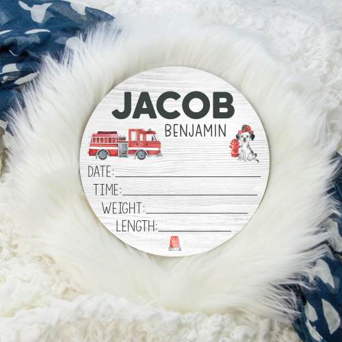 Fireman Birth Stat Sign, Fire Truck Birth Stat, Round Wood Birth Stat Sign, Fireman Baby Gift, Personalized Birth Stat Sign B64