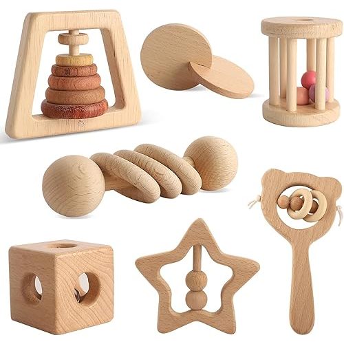 Wooden Rattles for Baby, 7PCS Wooden Montessori Toys for 7-24 Months Baby Boy Girl, Natural Beech Wood Grasping Toy, Gift for Babies