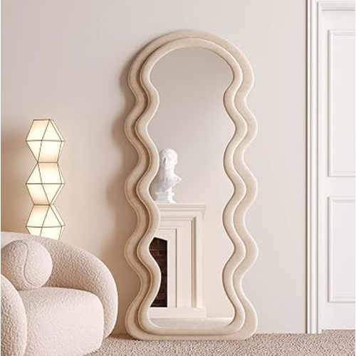 BOJOY 63"x24" Irregular Wavy Mirror, Wall Mount, Modern Bedroom Mirror, Milk Tea Color