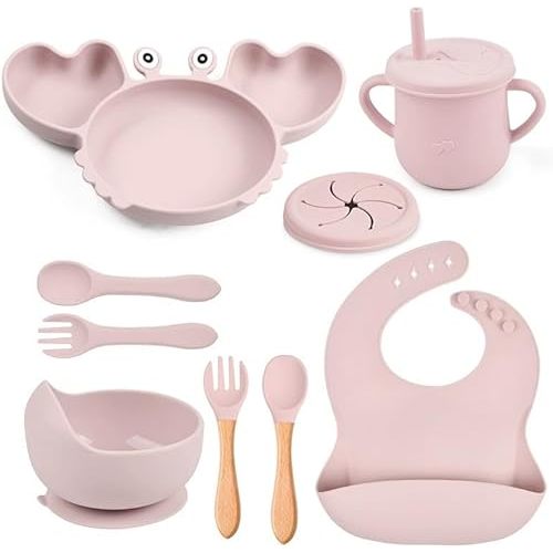 Silicone Baby feeding set |10 Pcs Premium BPA-Free,Baby Lid Weaning Supplies with Suction plate and Bowl Set,Toddler self feeding Utensils with Spoons,Forks,Bib,Cup|Baby feeding essentials for6+Months