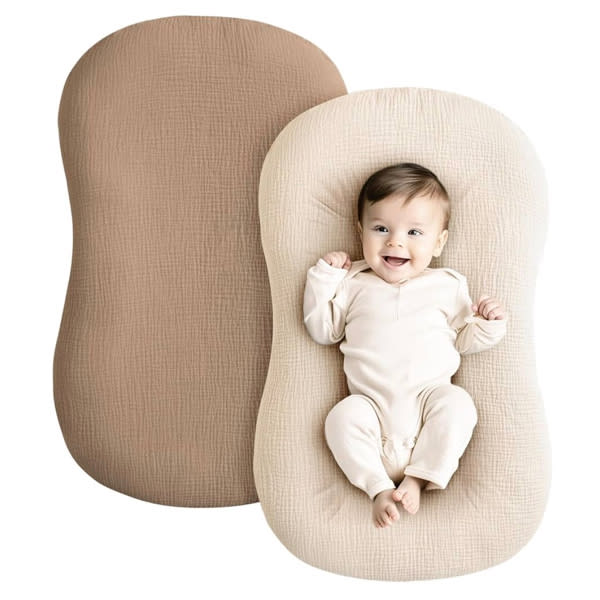 Konssy Muslin Baby Lounger Cover 2 Pack, 100% Cotton Newborn Lounger Cover, Soft and Breathable Baby Nest Slipcover for Boys Girls (Brown,Wheat)