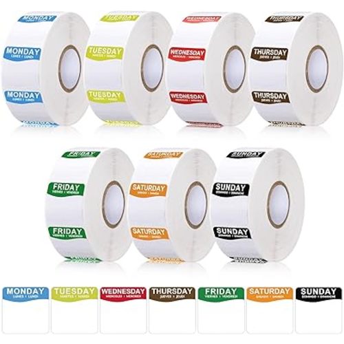 7000 Pcs Day of The Week Labels Food Labels Monday Through Sunday Management Inventory Stickers Removable Weekly Self Adhesive Date Dot Stickers for Restaurant Kitchen Containers (Square)
