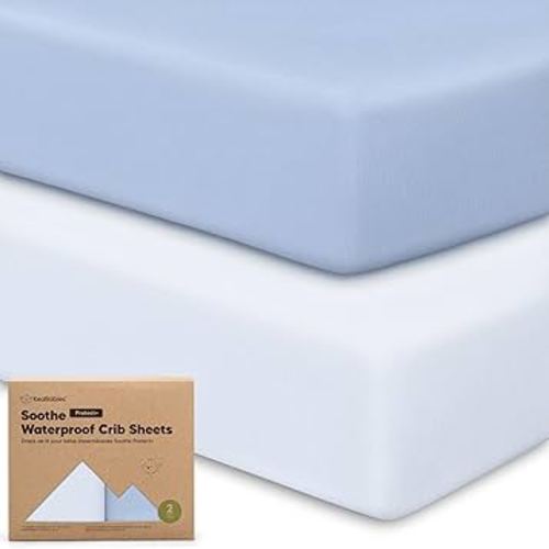 2-Pack Waterproof Crib Sheets for Girl, Boy - Organic Cotton 52X28 Fitted Crib Sheets Neutral,Crib Mattress Protector Sheets,Soft Toddler Bed Sheets,Washable Infant Fitted Baby Crib Sheets (Blue Flax)