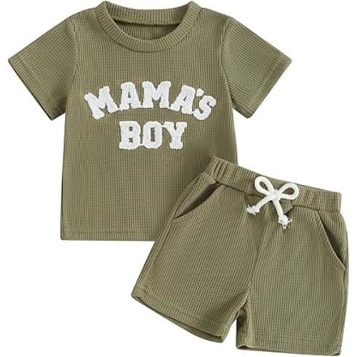 Kupretty Toddler Baby Boy Summer Clothes Embroiderey Waffle Knit Short Sleeve T-Shirt Tees + Casual Shorts Cute Clothing Set