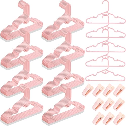 80 Packs Baby Hangers for Closet Plastic Kids Clothes Hangers with Clips for Nursery Space-Saving Hangers for Closet Organizer, Stack-able Hangers for Newborn, Infant, Toddler, Children, Pink