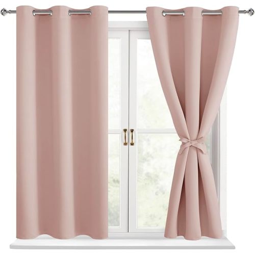 Hiasan Short Blackout Curtains for Bedroom - Thermal Insulated Light Blocking Window Curtains for Living Room, 2 Drape Panels Sewn with Tiebacks, Blush, 42 x 45 Inch