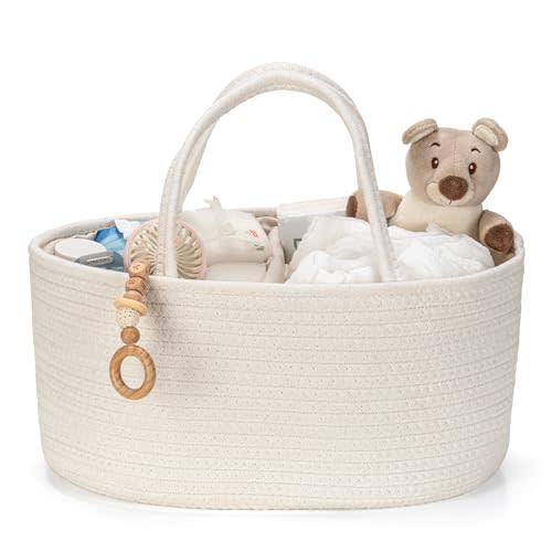 Diaper Caddy Organizer, Empty Gift Basket for Newborn Essentials, Baby Storage Basket, Stylish Gift Bag for Baby Shower, Boys and Girls – Small, Off White