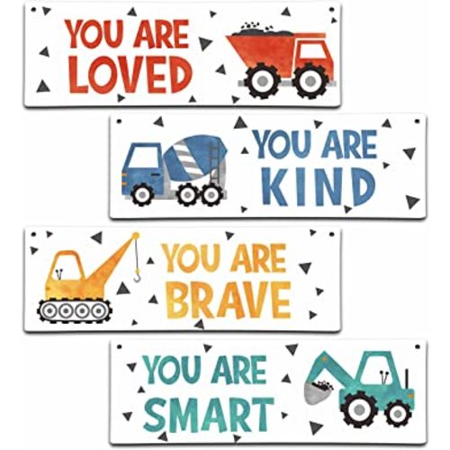 4 Pieces Construction Vehicles Decor Kids Room Wall Decor Wooden Sign - Motivational Wall Art For Kids Room Nursery Playroom Classroom(Sign-01)