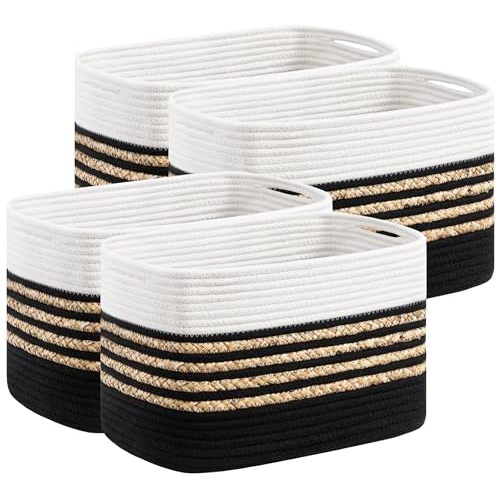 UBBCARE 4 Pack Baskets for Organizing, Woven Storage Baskets for Toys and Towel, Rectangle Cotton Rope Basket with Handles, 14''L x 8''W x9''H, Black