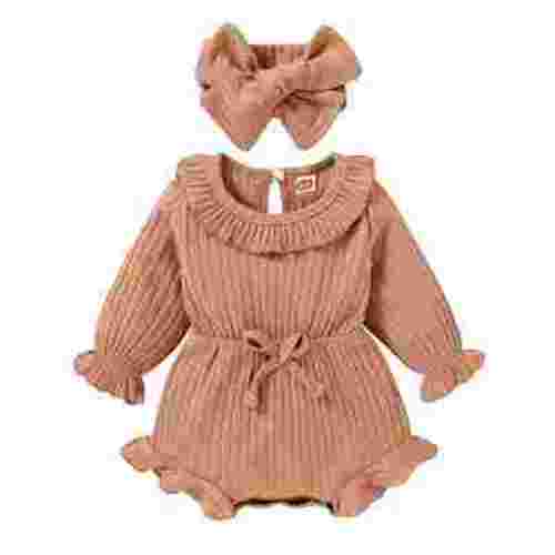 Infant Baby Girl Fall Winter Sweater Romper + Headband Long Sleeve Warm Jumpsuit Ruffled Bodysuit 1-18M