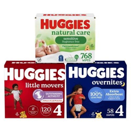 Huggies 120 Count/Size 4 Little Movers Disposable Diapers + 58 Count/Size 4 Overnites Disposable Diapers + 768 Count/12 Pack Natural Care Baby Wipes