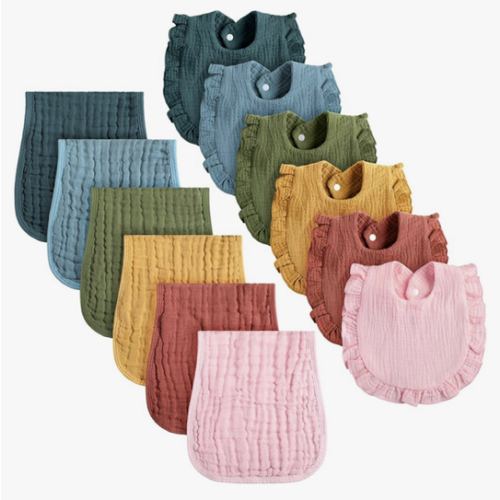 Newcotte 12 Pcs Baby Muslin Bibs and Burp Cloths Set Cotton Absorbent Baby Bibs Burping Cloths for Toddler Unisex Girls Boys Soft Adjustable Drooling for Newborn Teething
