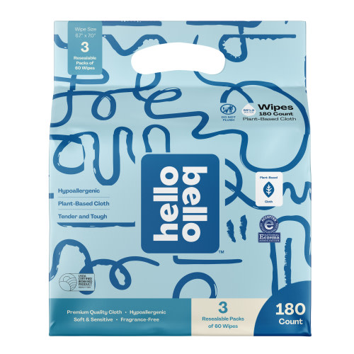 Hello Bello Baby Wipes, Soothing Wet, Fragrance-Free, 180 Unscented Plant-Based Wipes, 3 Pouch Pack