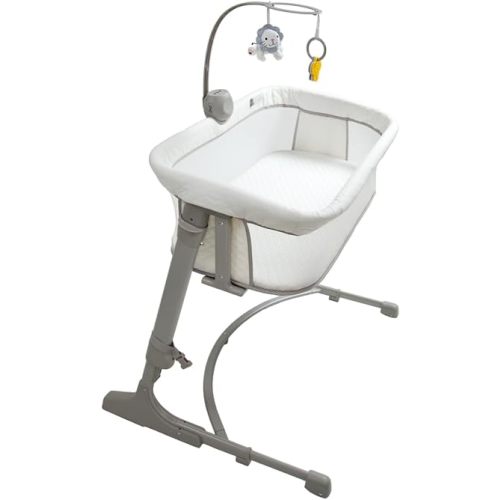 Arm’s Reach Versatile Co-Sleeper Bedside Bassinet Featuring Height-Adjustable Legs with Adjustable Feet, Mobile with Plush Hanging Toy, and Music Box with 5 Tunes, Ivory/Gray w/Quilting