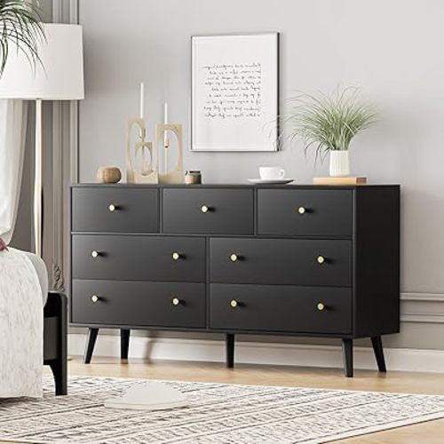 7 Drawers Dresser for Bedroom, 55'' Dressers & Chests of Drawers with Gold Handles and 7 Large Drawer, Modern Double Wooden Storage Organizer Cabinet, Hallway, Black