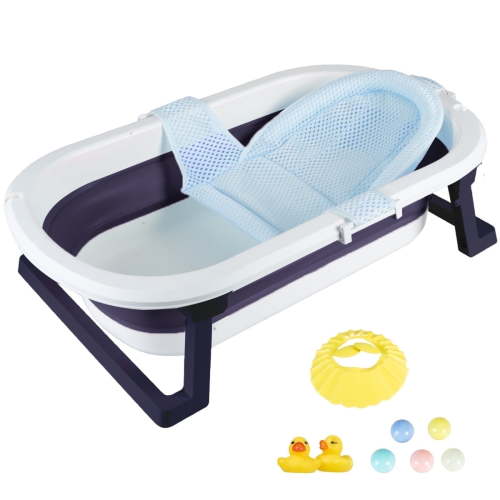 Hurber Folding Baby Bathtub, Infant Bath Tub with Anti Slip Pad, Boys, Blue w/Net Pad