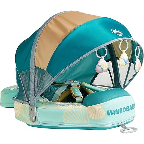 Mambobaby Float Add Tail Baby Swim Float with Canopy Solid Pool Infant Swim Trainer Swimming Training Lying Air Free Water Floats Non-Inflatable Waist Swim Ring for Toddlers (Shell - Green)
