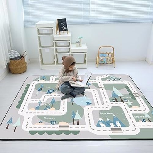 Loartee Soft Kids Educational Rug - 0.78" Thick Road Rug, Animals Learning Play Mat for Toddlers, Game Area Rug, Baby Crawling Mats, Forest Animal, Green Gray
