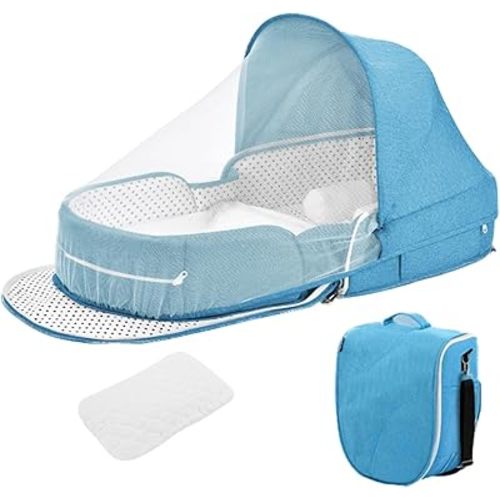 Baby Travel Bassinet Portable Bassinets, Foldable Carry Bag Bassinet Travel Crib for Baby Co-Sleeping, Lightweight Baby Lounger Pod Infant Bed with 2-1 Mosquito & Canopy (Blue)