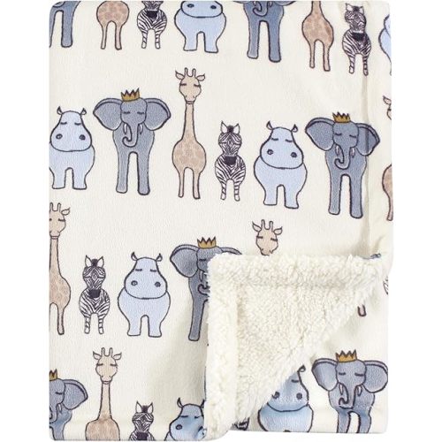 Hudson Baby Unisex Baby Plush Mink and Sherpa Blanket, Royal Safari, One Size